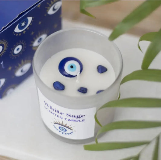 Evil Eye Scented Candle – White Sage Soy Wax Candle – Spiritual Protection Candle – Handmade Evil Eye Home Fragrance Gift – Crystal Inspired Wellness Candle