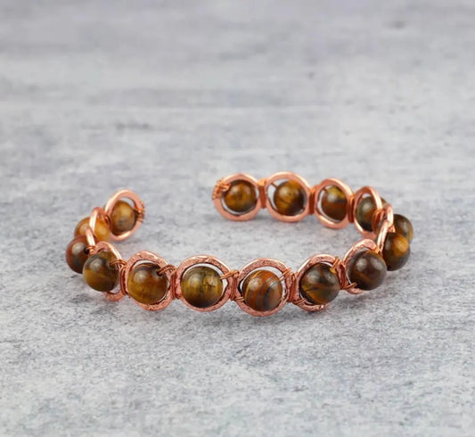 Copper Tiger Eye Crystal Bracelet – Handmade Tiger's Eye Gemstone Bracelet – Adjustable Copper Wire Wrapped Jewellery – Natural Stone Gift for Men & Women