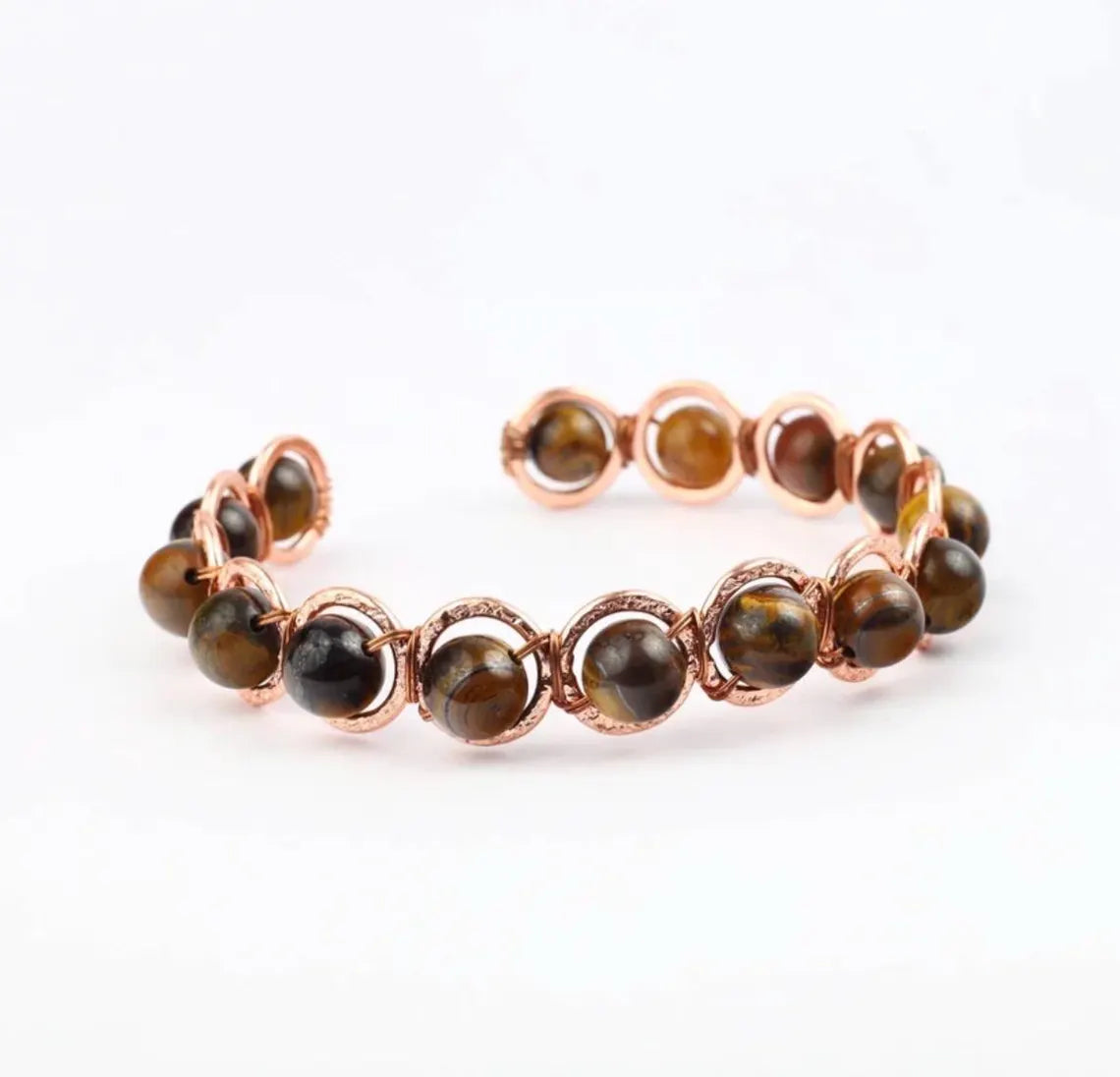 Copper Tiger Eye Crystal Bracelet – Handmade Tiger's Eye Gemstone Bracelet – Adjustable Copper Wire Wrapped Jewellery – Natural Stone Gift for Men & Women