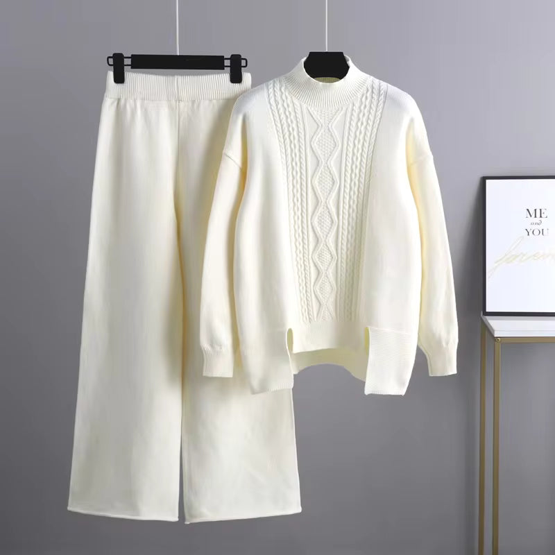 Women's Cable Knit 2-Piece Sweater Set – Turtleneck Relaxed Fit Winter Outfit