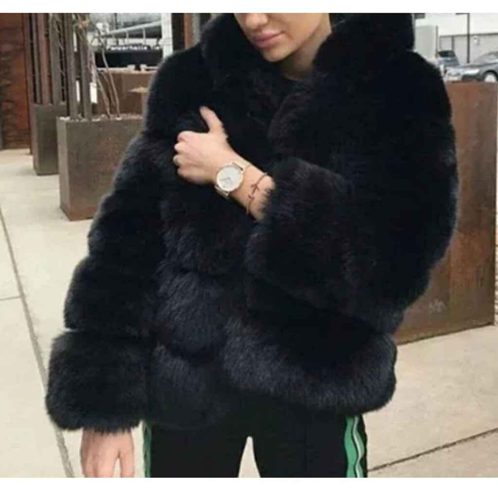 Women’s Thick Warm Fluffy Hooded Faux Fur Coat – Long Sleeve Winter Jacket Outerwear