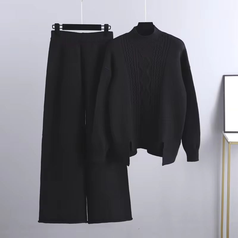 Women's Cable Knit 2-Piece Sweater Set – Turtleneck Relaxed Fit Winter Outfit