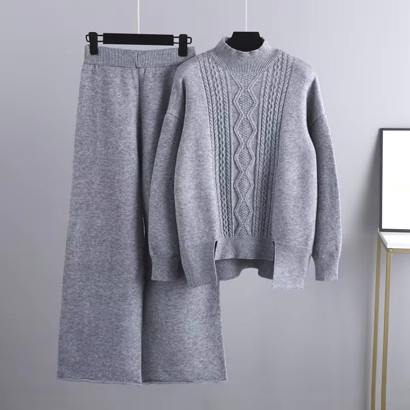 Women's Cable Knit 2-Piece Sweater Set – Turtleneck Relaxed Fit Winter Outfit
