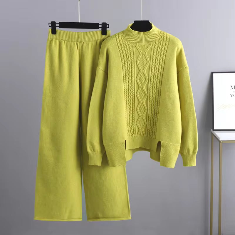 Women's Cable Knit 2-Piece Sweater Set – Turtleneck Relaxed Fit Winter Outfit