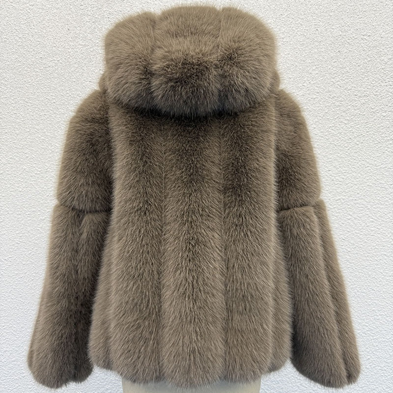 Women's Faux Fox Fur Hooded Winter Coat – Thick Warm Zipper Jacket