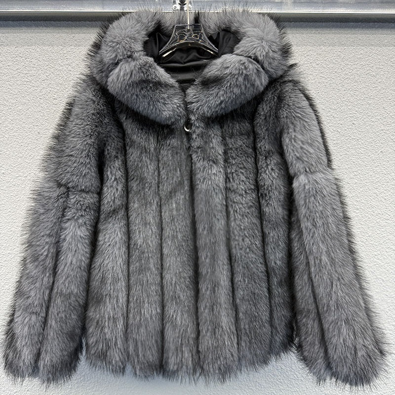 Women's Faux Fox Fur Hooded Winter Coat – Thick Warm Zipper Jacket