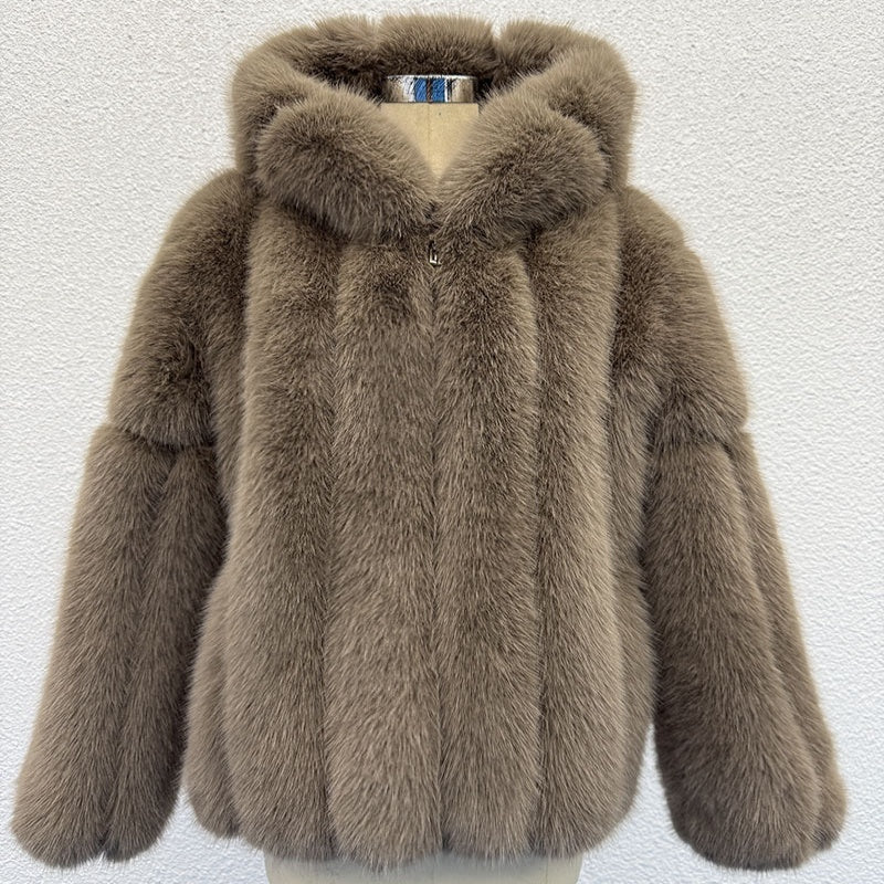 Women's Faux Fox Fur Hooded Winter Coat – Thick Warm Zipper Jacket
