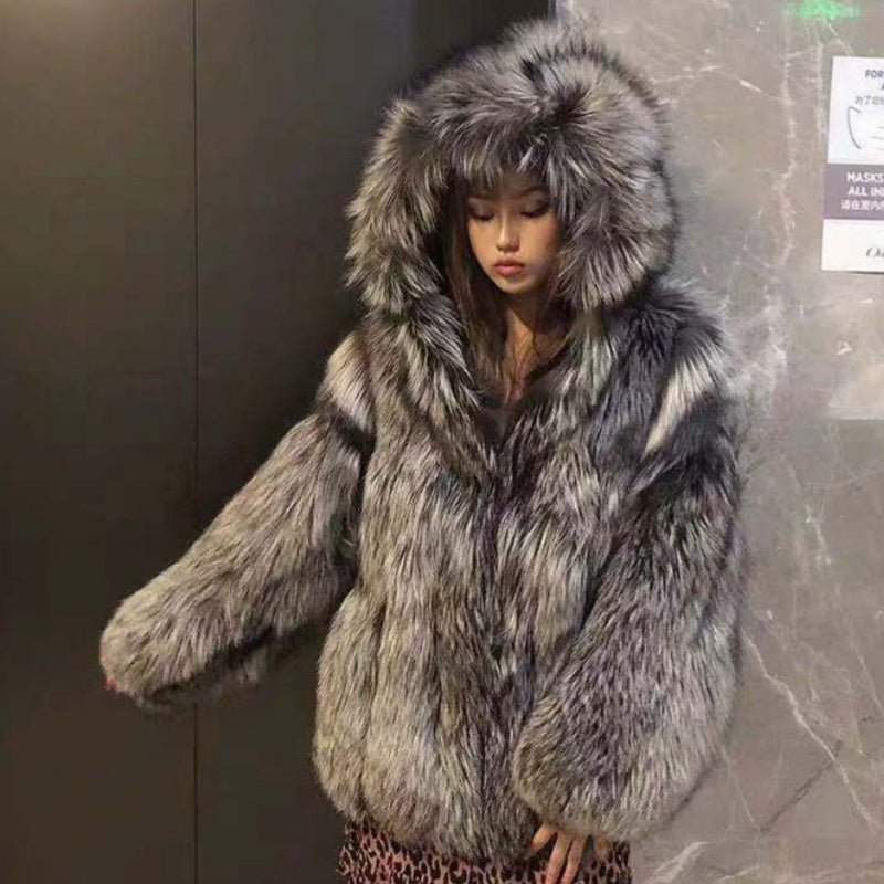 Women's Faux Fox Fur Hooded Winter Coat – Thick Warm Zipper Jacket