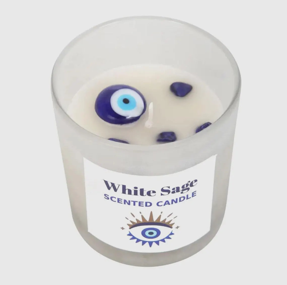 Evil Eye Scented Candle – White Sage Soy Wax Candle – Spiritual Protection Candle – Handmade Evil Eye Home Fragrance Gift – Crystal Inspired Wellness Candle