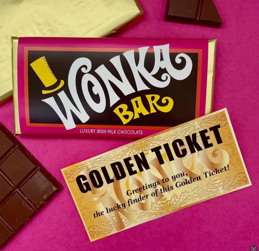 Willy Wonka Chocolate Bar with Golden Ticket – Handmade Belgian Milk Chocolate Gift – Novelty Chocolate Factory Inspired Treat – Unique Birthday & Party Gift (100g)