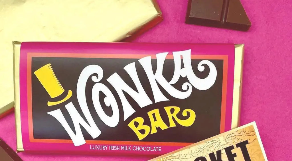 Willy Wonka Chocolate Bar with Golden Ticket – Handmade Belgian Milk Chocolate Gift – Novelty Chocolate Factory Inspired Treat – Unique Birthday & Party Gift (100g)