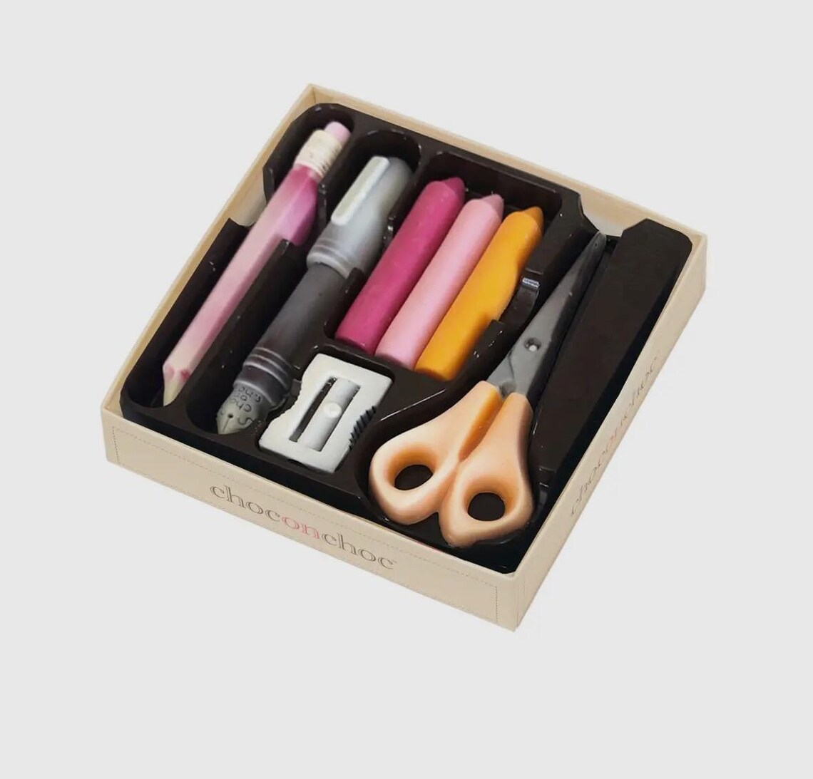 Chocolate Stationery Box – Handmade Belgian Chocolate Office & School Supplies Set – Novelty Crayons, Pen & Scissors Chocolate Gift – Unique Teacher & Office Gift (145g)