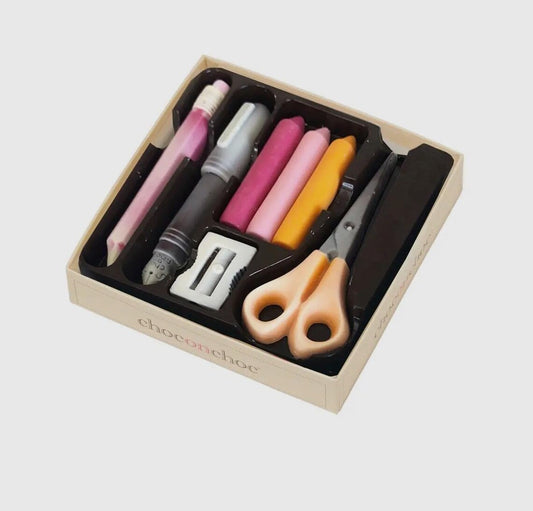 Chocolate Stationery Box – Handmade Belgian Chocolate Office & School Supplies Set – Novelty Crayons, Pen & Scissors Chocolate Gift – Unique Teacher & Office Gift (145g)