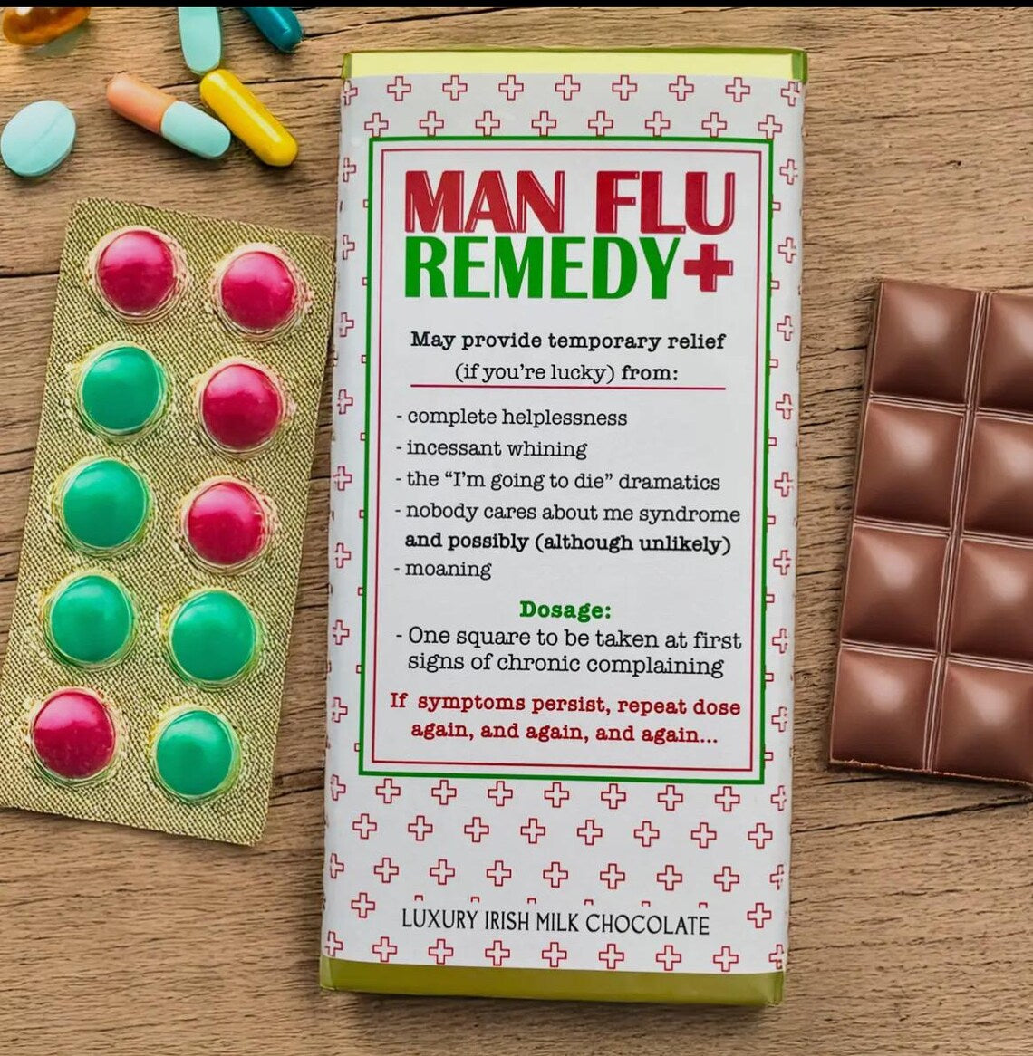 Man Flu Remedy Luxury Irish Milk Chocolate Bar – Funny Novelty Chocolate Gift for Men – Humorous Get Well Soon Chocolate – Luxury Milk Chocolate Gift