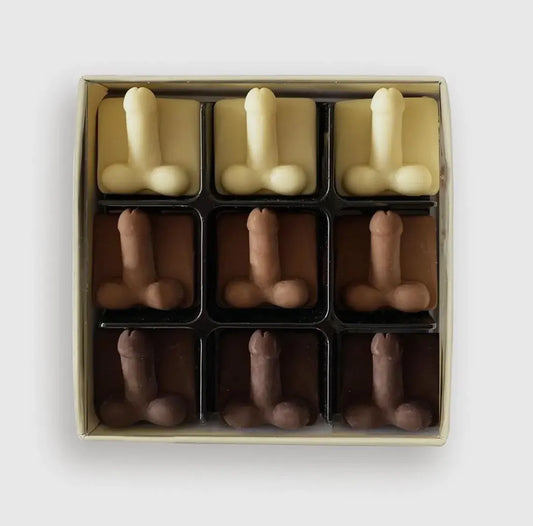 Assorted Chocolate Willies Gift Box – Handmade Belgian Milk, Dark & White Chocolate Novelty Set – Funny Adult Gag Gift for Hen Parties, Birthdays & Stag Dos (9 Pieces)
