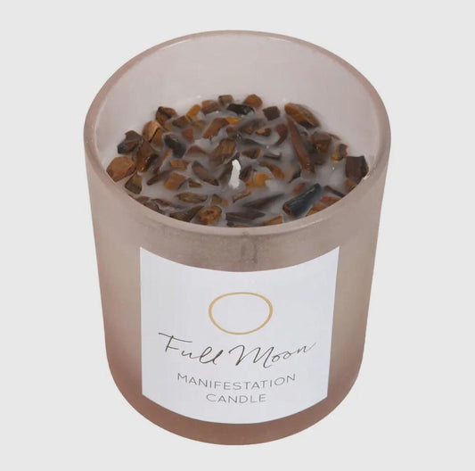 Full Moon Manifestation Tiger's Eye Crystal Candle – Handmade Soy Wax Manifestation Candle – Spiritual Moon Ritual Candle – Crystal Infused Wellness Gift