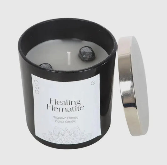 Healing Hematite Energy Candle – Handmade Soy Wax Crystal Candle – Grounding & Positive Energy Candle – Spiritual Wellness Gift with Hematite Crystal