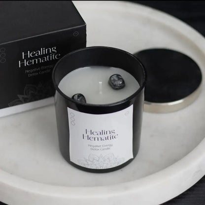Healing Hematite Energy Candle – Handmade Soy Wax Crystal Candle – Grounding & Positive Energy Candle – Spiritual Wellness Gift with Hematite Crystal