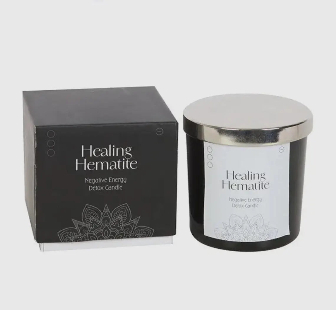Healing Hematite Energy Candle – Handmade Soy Wax Crystal Candle – Grounding & Positive Energy Candle – Spiritual Wellness Gift with Hematite Crystal