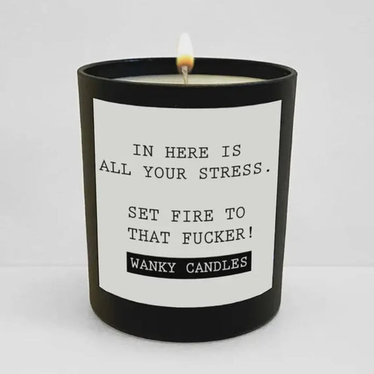 Wanky Candle – "In Here Is All Your Stress" Funny Soy Wax Candle – Humorous Adult Novelty Gift – Pomegranate & Fig Scented Candle – Gift for Friends & Coworkers