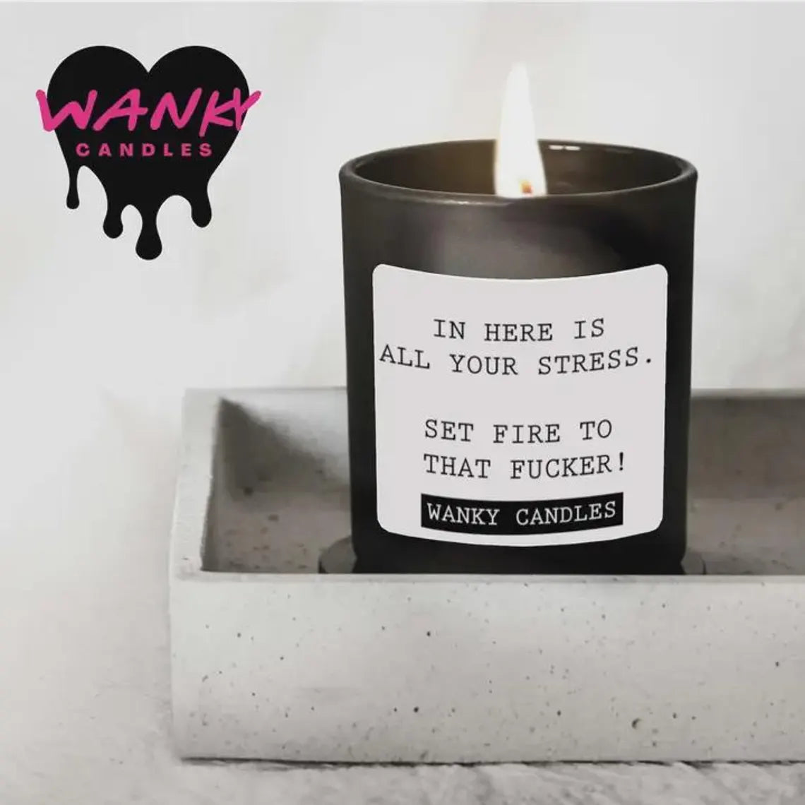 Wanky Candle – "In Here Is All Your Stress" Funny Soy Wax Candle – Humorous Adult Novelty Gift – Pomegranate & Fig Scented Candle – Gift for Friends & Coworkers