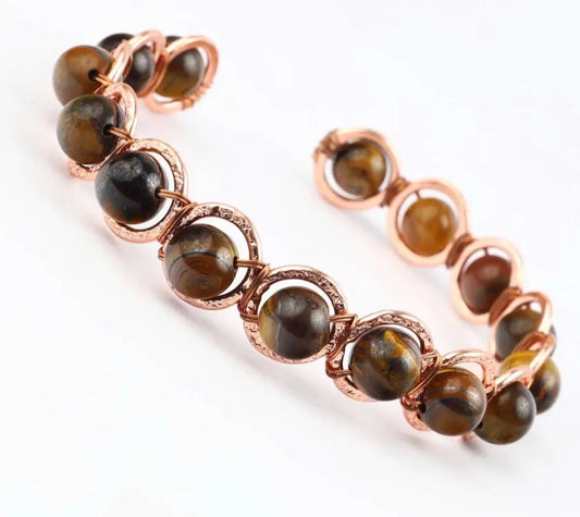 Copper Tiger Eye Crystal Bracelet – Handmade Tiger's Eye Gemstone Bracelet – Adjustable Copper Wire Wrapped Jewellery – Natural Stone Gift for Men & Women