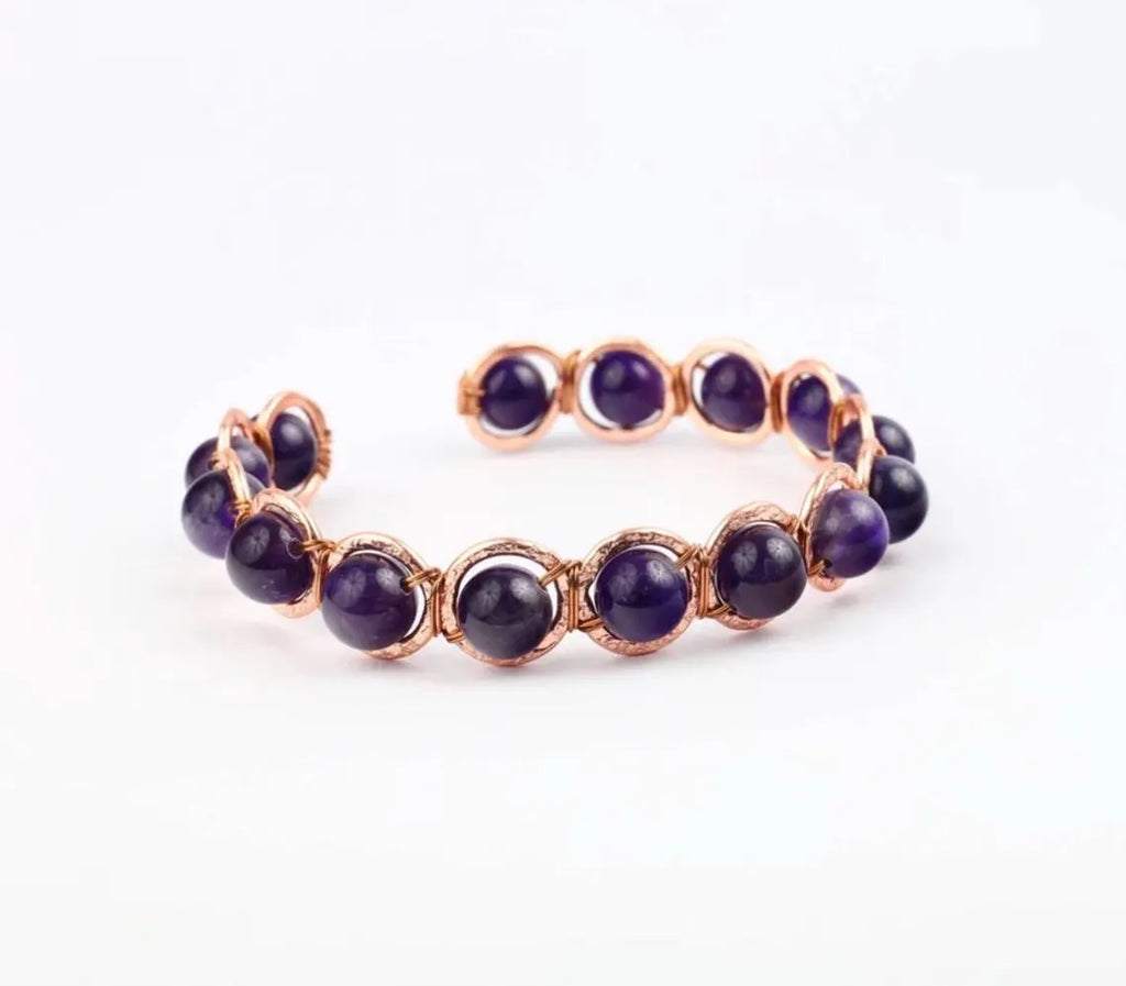 Copper Amethyst Crystal Bracelet – Handmade Healing Gemstone Bracelet – Adjustable Copper Wire Wrapped Jewellery – February Birthstone Gift for Her