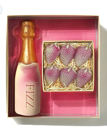 Chocolate Fizz & Strawberries Gift Box – Handmade Belgian Chocolate Champagne Bottle & Strawberries – Romantic Chocolate Gift for Anniversaries, Weddings & Valentine's Day