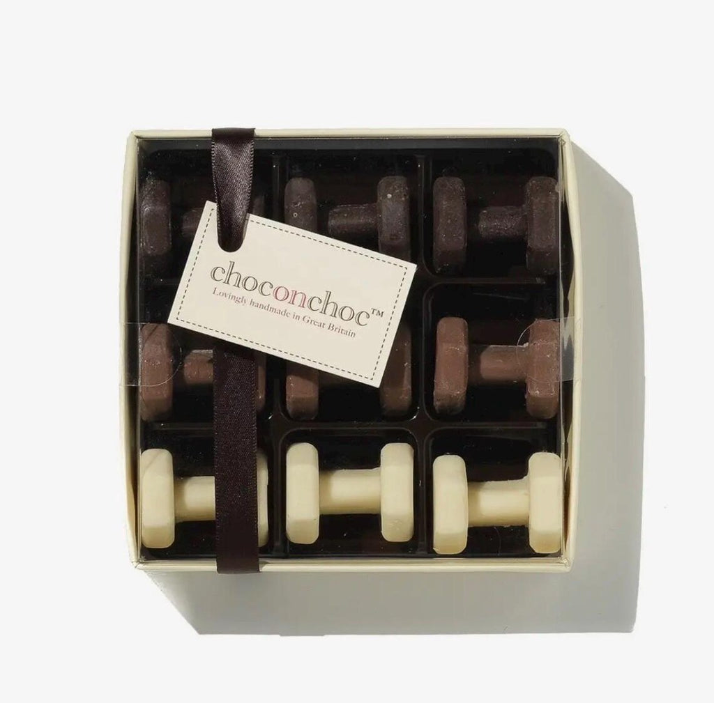 Assorted Chocolate Dumbbells – Handmade Belgian Milk, Dark & White Chocolate Fitness Gift – Novelty Gym Lover Chocolate Box – Unique Sports Themed Treat (75g)