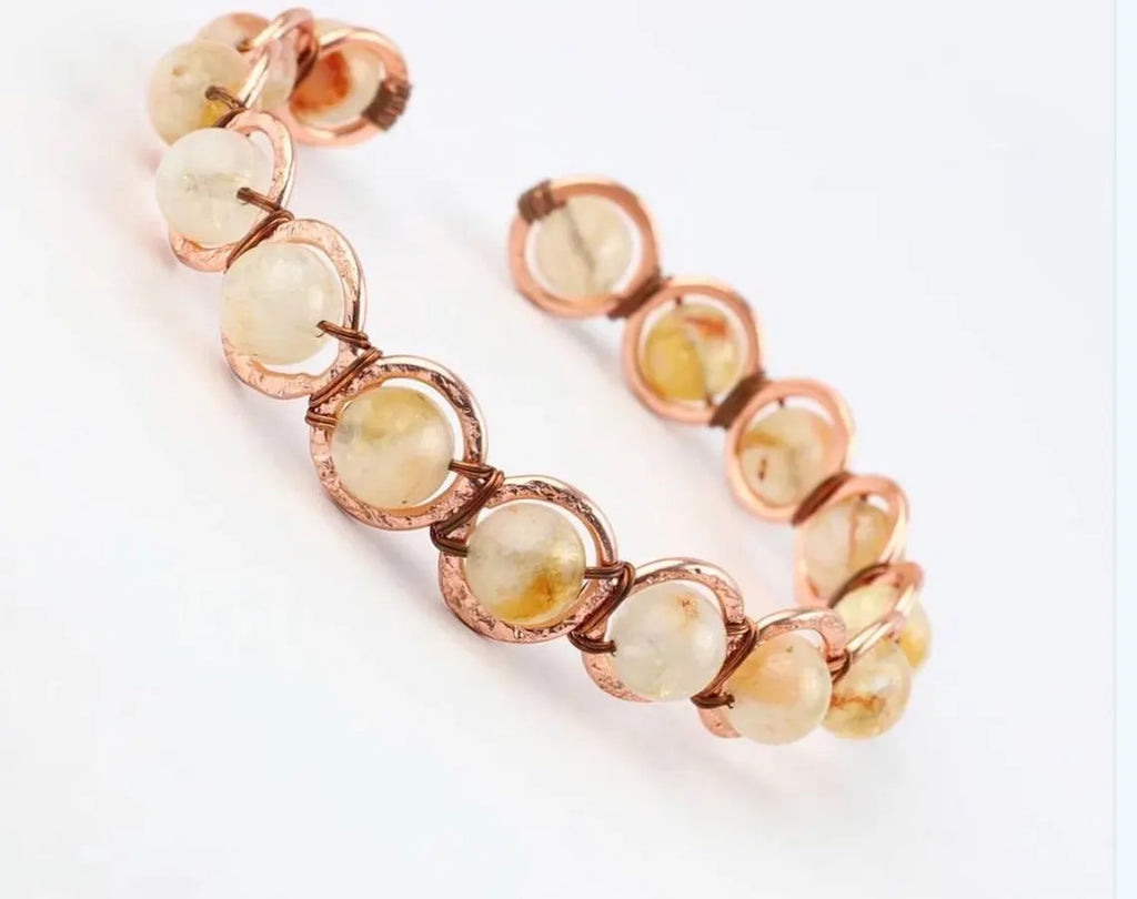 Copper Natural Citrine Crystal Bracelet – Handmade Citrine Gemstone Bracelet – Adjustable Copper Wire Wrapped Jewellery – Prosperity & Sunshine Crystal Gift for Her