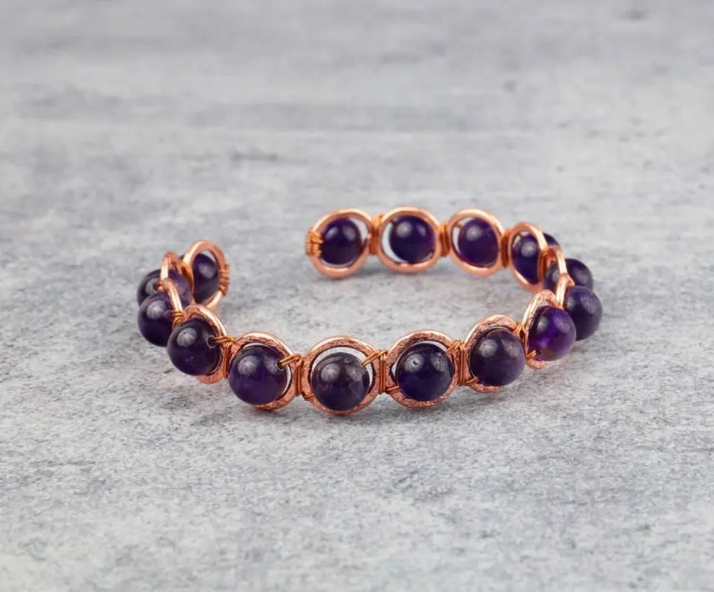 Copper Amethyst Crystal Bracelet – Handmade Healing Gemstone Bracelet – Adjustable Copper Wire Wrapped Jewellery – February Birthstone Gift for Her