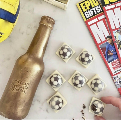 Chocolate Beer Bottle & Footballs Gift Box – Handmade Belgian Chocolate Sports Gift – Football Fan Chocolate Gift Set – Father's Day, Birthday & Sports Lover Present (360g)