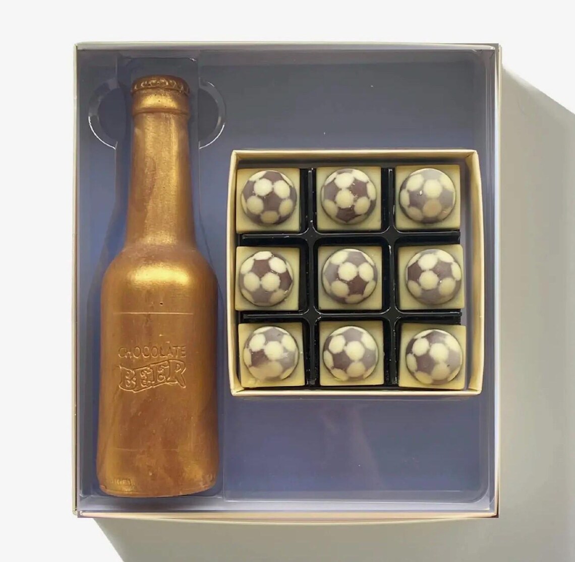 Chocolate Beer Bottle & Footballs Gift Box – Handmade Belgian Chocolate Sports Gift – Football Fan Chocolate Gift Set – Father's Day, Birthday & Sports Lover Present (360g)