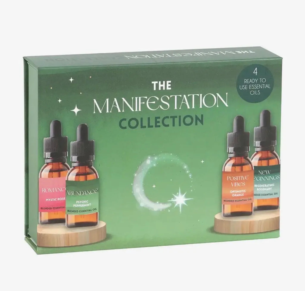 Manifestation Collection Blended Essential Oil Set – 4 x 10ml Aromatherapy Oils – Romance, Abundance, Positive Vibes & New Beginnings – Wellness & Meditation Gift Set