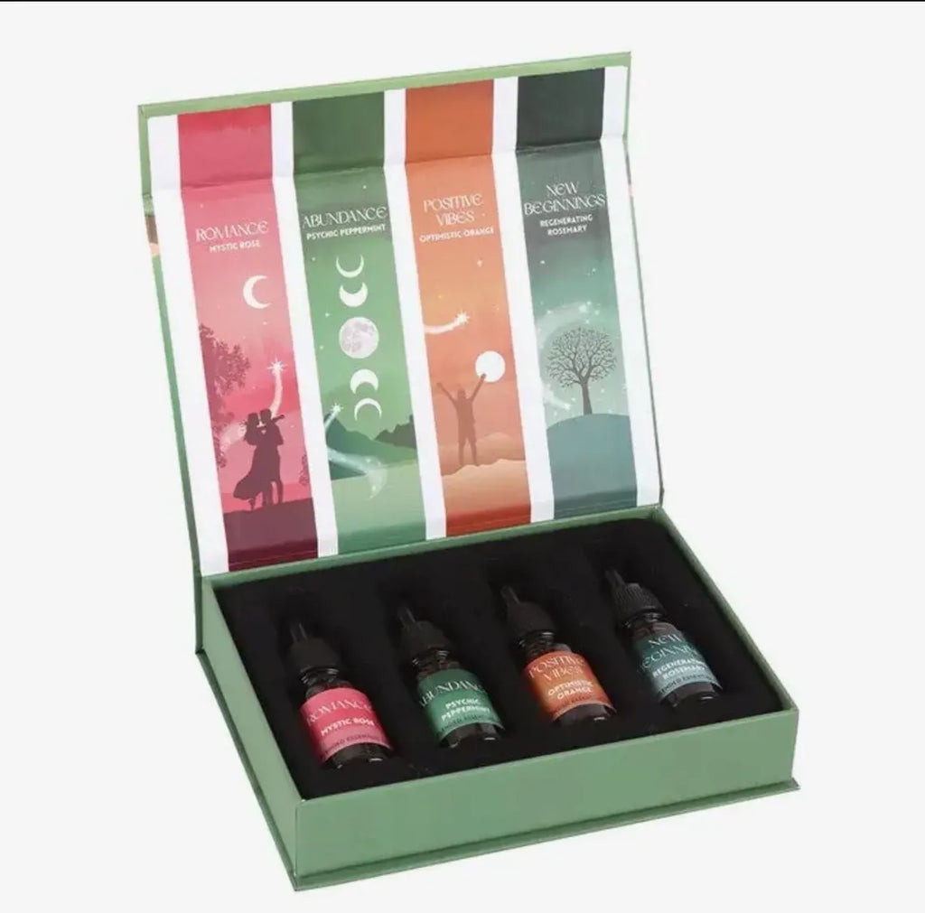 Manifestation Collection Blended Essential Oil Set – 4 x 10ml Aromatherapy Oils – Romance, Abundance, Positive Vibes & New Beginnings – Wellness & Meditation Gift Set
