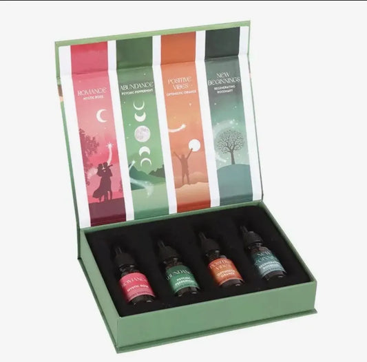 Manifestation Collection Blended Essential Oil Set – 4 x 10ml Aromatherapy Oils – Romance, Abundance, Positive Vibes & New Beginnings – Wellness & Meditation Gift Set