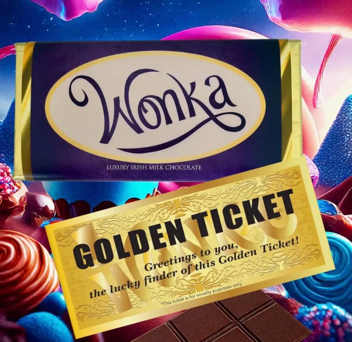 Purple Wonka Chocolate Bar with Golden Ticket – Handmade Belgian Milk Chocolate Gift – Chocolate Factory Inspired Novelty Chocolate Bar – Unique Birthday & Party Gift