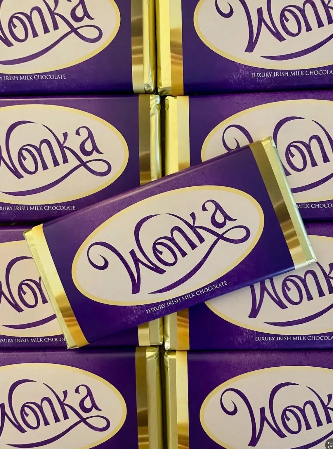 Purple Wonka Chocolate Bar with Golden Ticket – Handmade Belgian Milk Chocolate Gift – Chocolate Factory Inspired Novelty Chocolate Bar – Unique Birthday & Party Gift