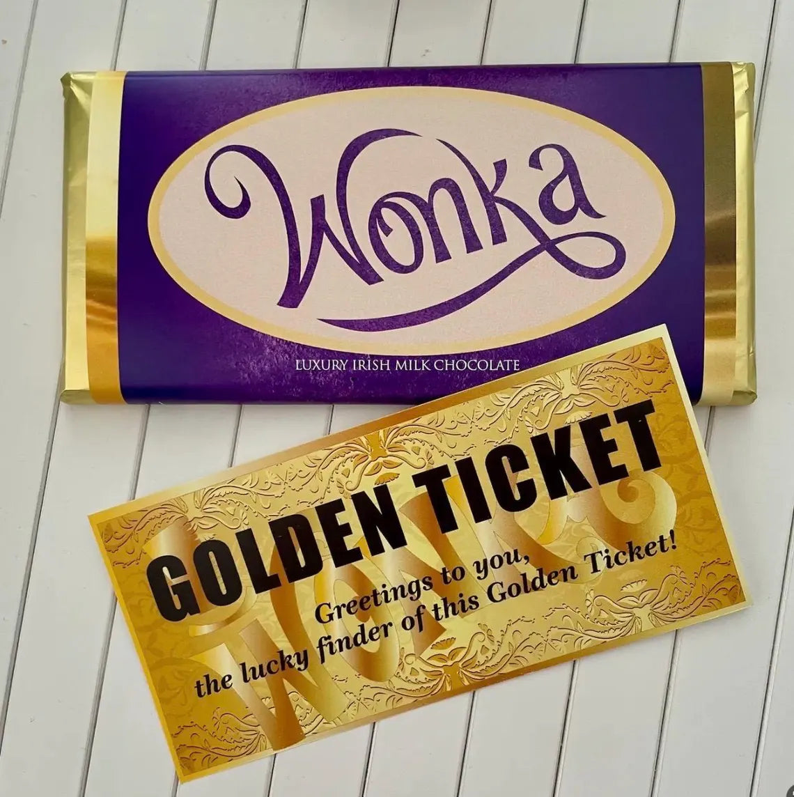 Purple Wonka Chocolate Bar with Golden Ticket – Handmade Belgian Milk Chocolate Gift – Chocolate Factory Inspired Novelty Chocolate Bar – Unique Birthday & Party Gift